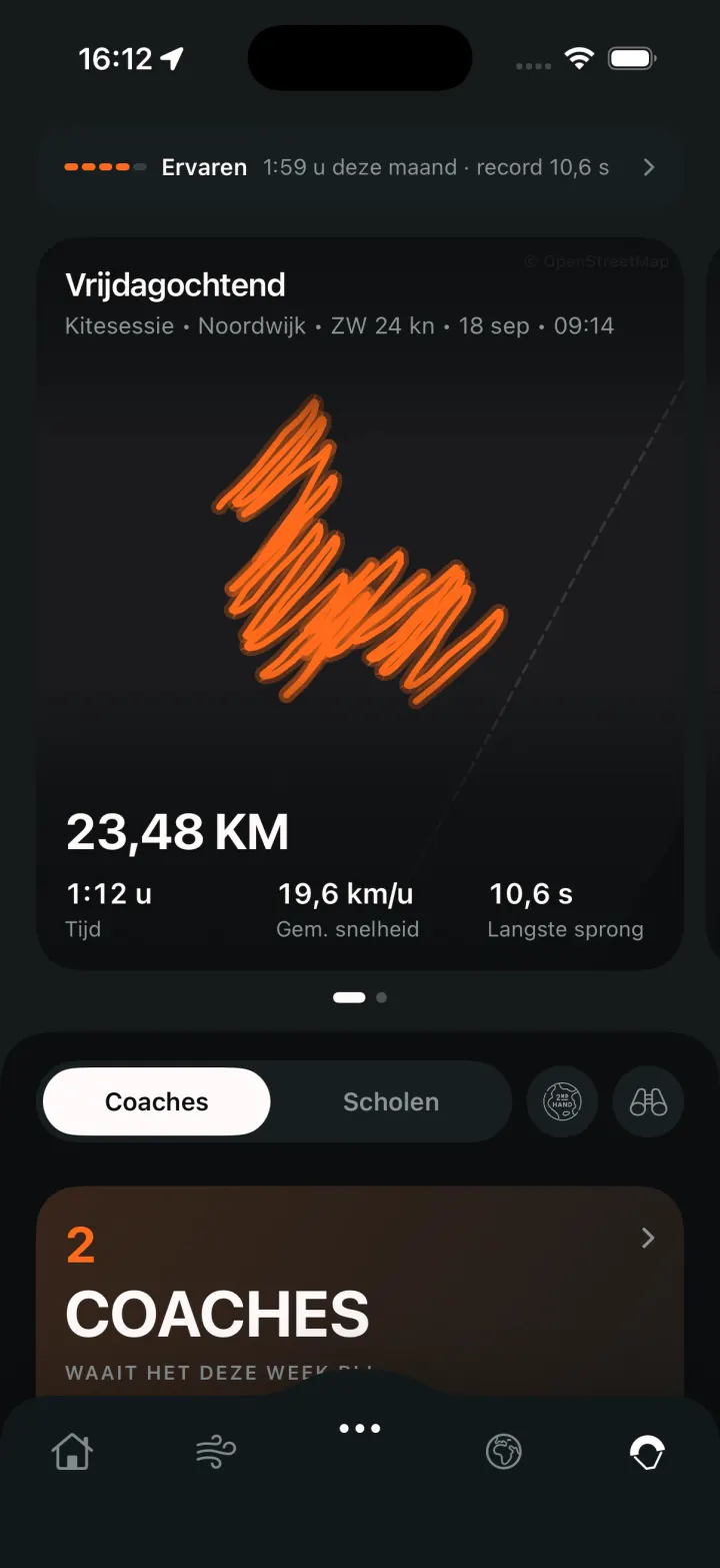 Een sessie van vrijdagochtend op Noordwijk: het spoor in oranje over de kaart, 23,48 kilometer in 1 uur 12, gemiddeld 19,6 km/u, langste sprong 10,6 seconden.